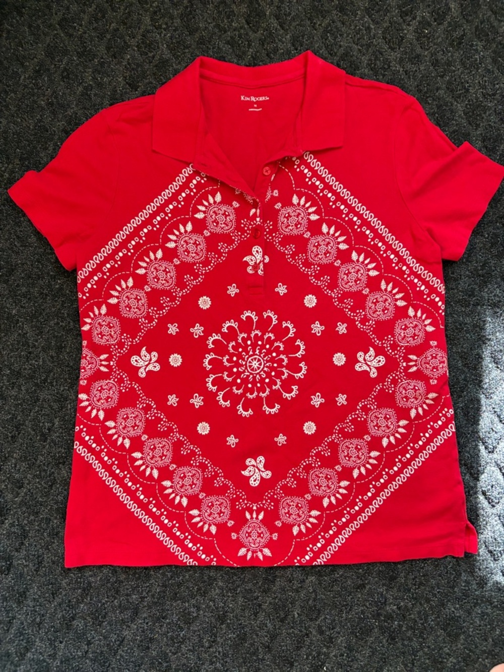 Kim Rogers Women's M Red White Bandana Print Cotton Short Sleeve Knit Polo Shirt
